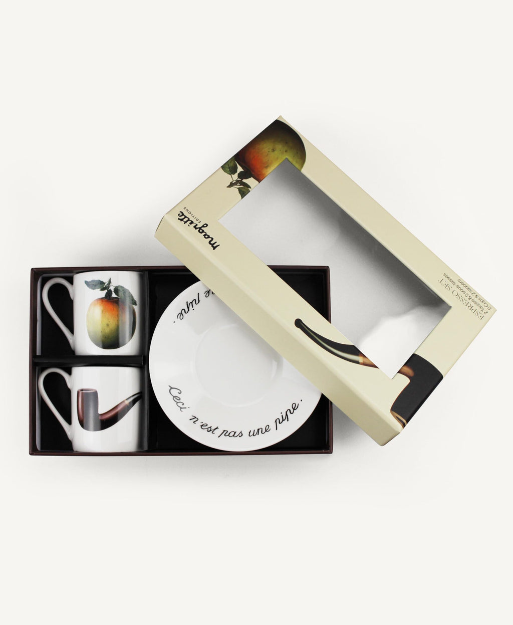 Set à espresso « La Trahison des images »/ « Ceci n’est pas une pomme »